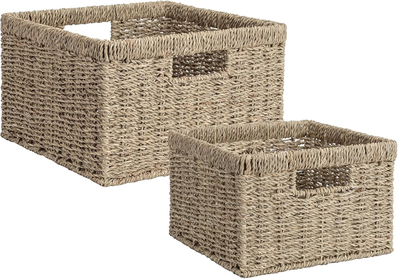 Spring Storage Baskets, Handwoven Seagrass Basket for Organizing, Decorative Wicker Baskets with Built-in Handles